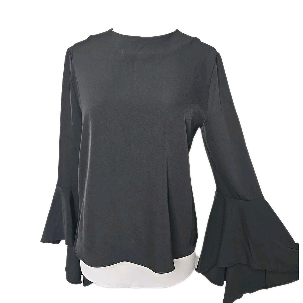 Carmen Marc Valvo Black Formal Back-Button Ruffle Bell Sleeve Top Size 8